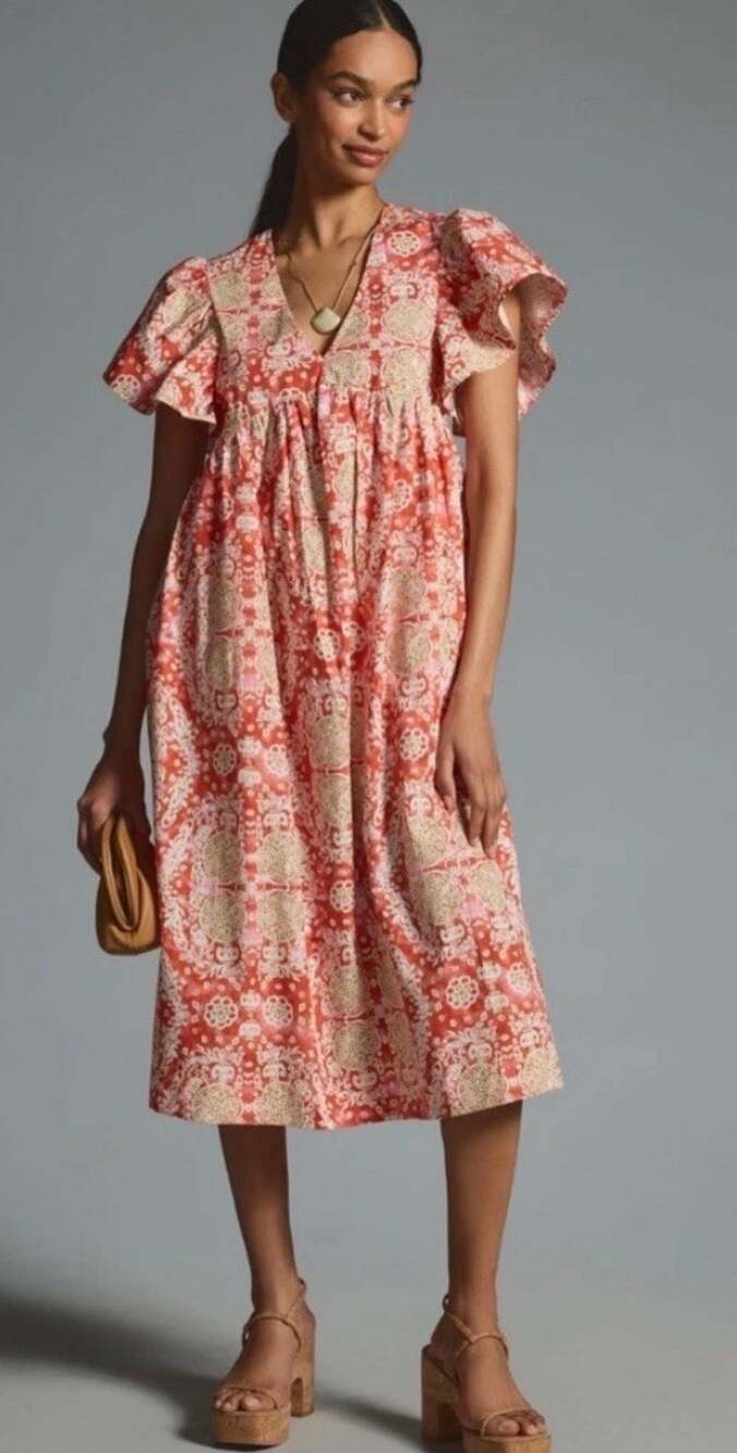 Maeve by Anthropologie Printed Flutter-Sleeve Babydoll Midi Dress in Coral/Beige